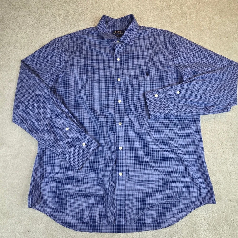 Polo Ralph Lauren Mens Blue White Micro Check‎ Cotton Button Down Shirt XL